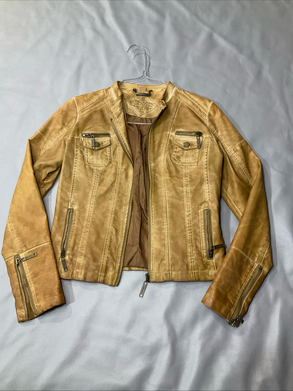 Jou Jou Camel Tan Leather Moto Jacket with Zip Details